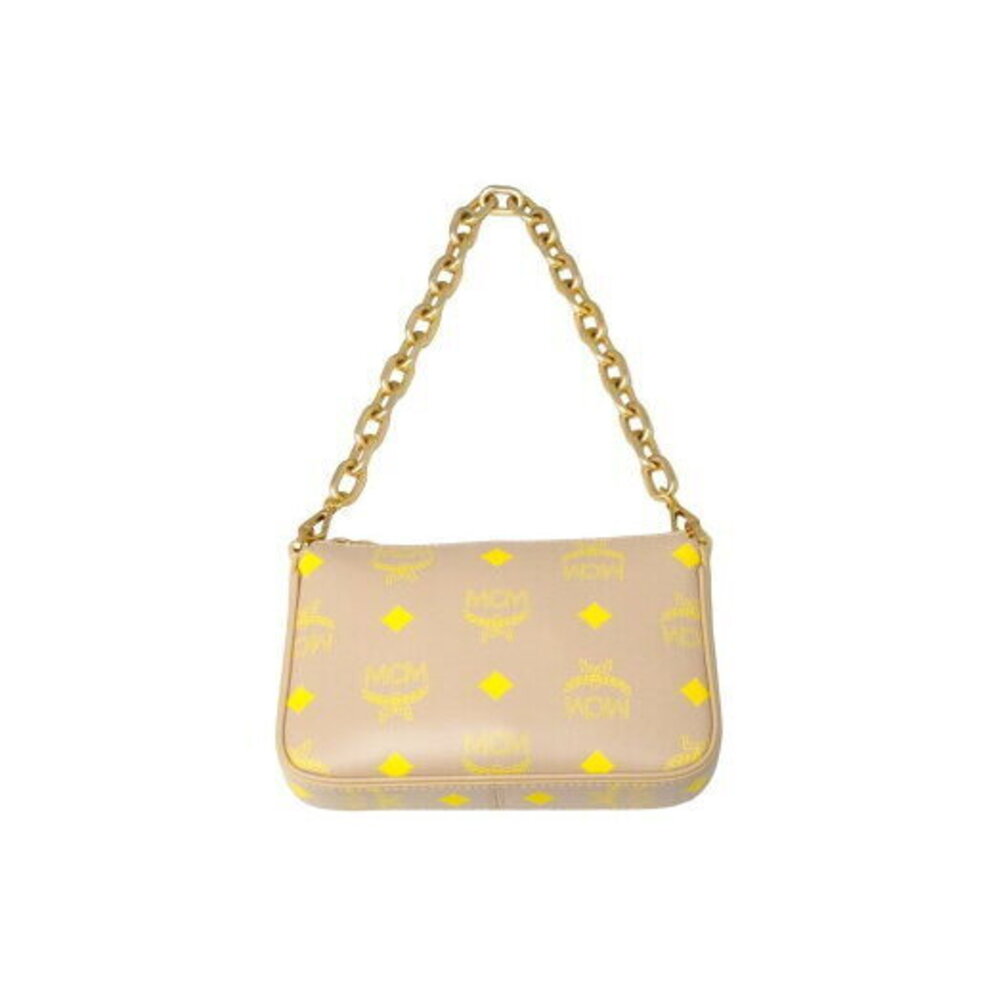 MCM shoulder bag chain strap zip pouch Beige Tan leather